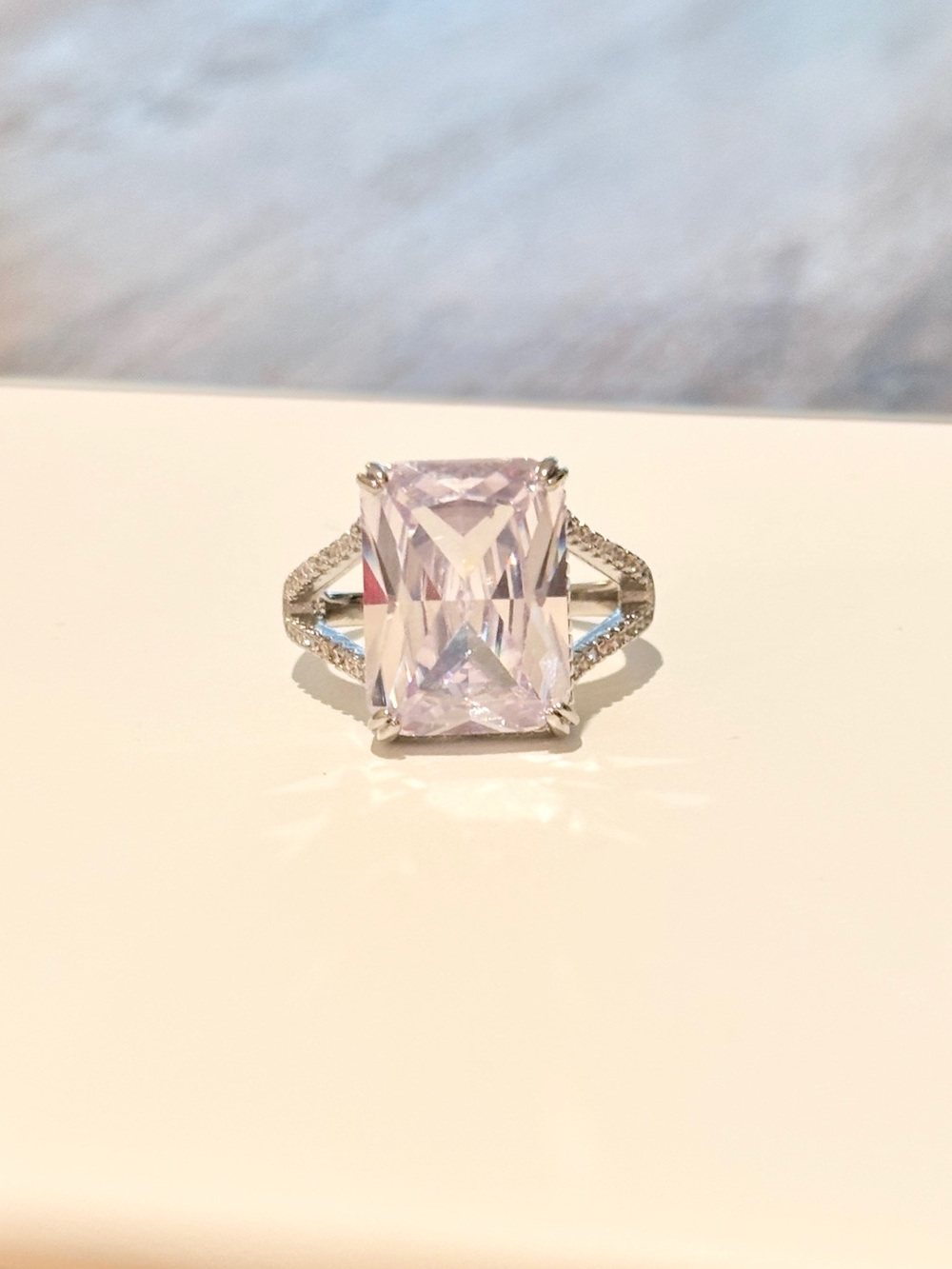 Silver Tone Emerald Cut Purple Stone Statement Ring Size 9